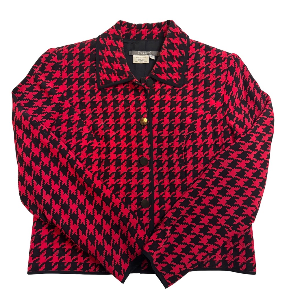 Vintage Maggy L Silk Houndstooth Blazer Women's Size 2P‎ Red Black Quilted Y2K